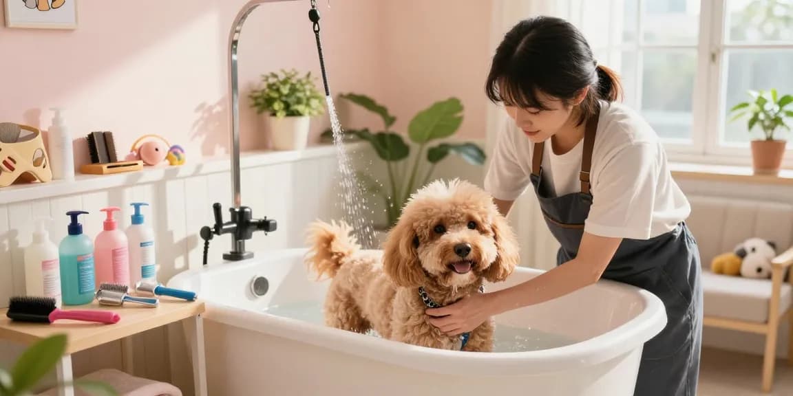 Experienced Cockapoo groomer gently bathes a fluffy dog in a warm salon setting.