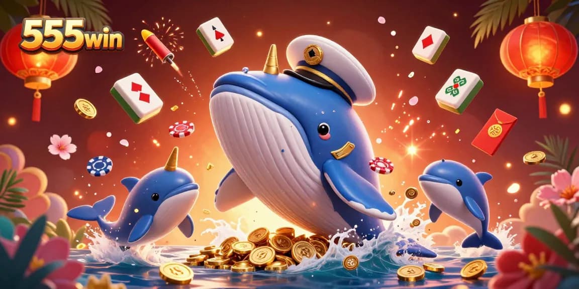 Join the excitement of 555win with playful dolphins and a majestic whale surrounded by coins and vibrant casino elements.