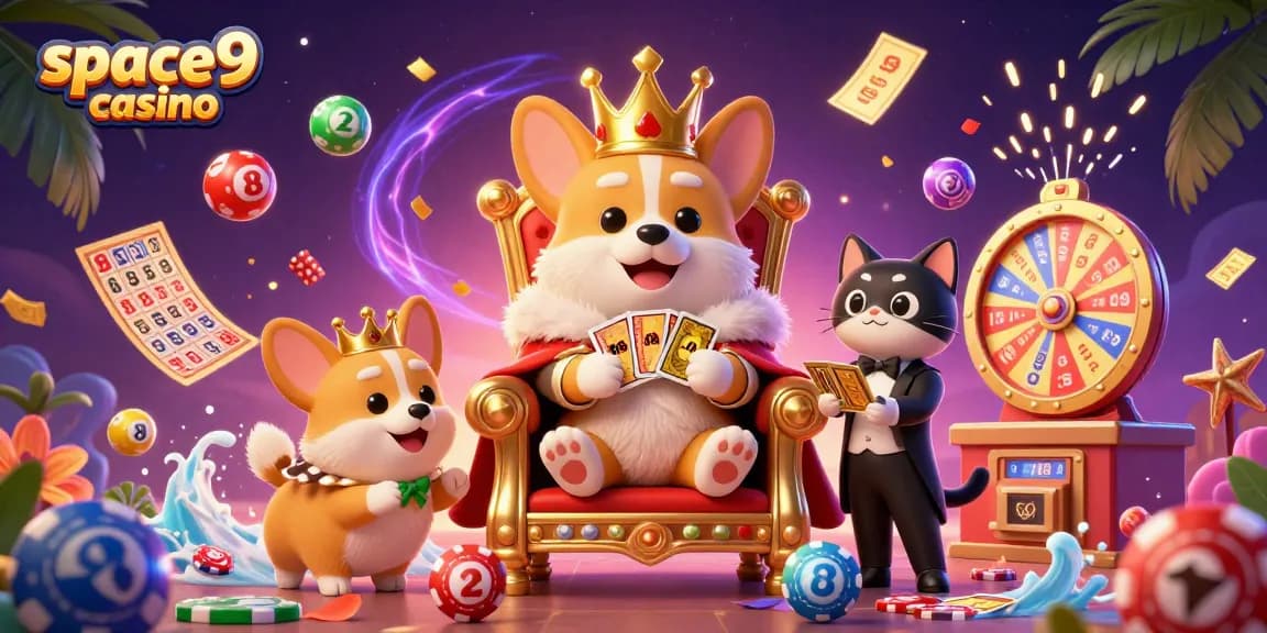 Experience the vibrant action at space9 casino with a royal corgi surrounded by dynamic gaming elements.