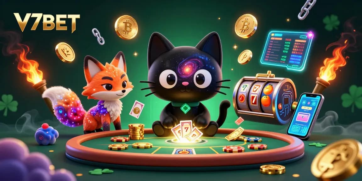 Experience the excitement of V7BET with a dynamic cosmic casino scene featuring vibrant characters and crypto elements.