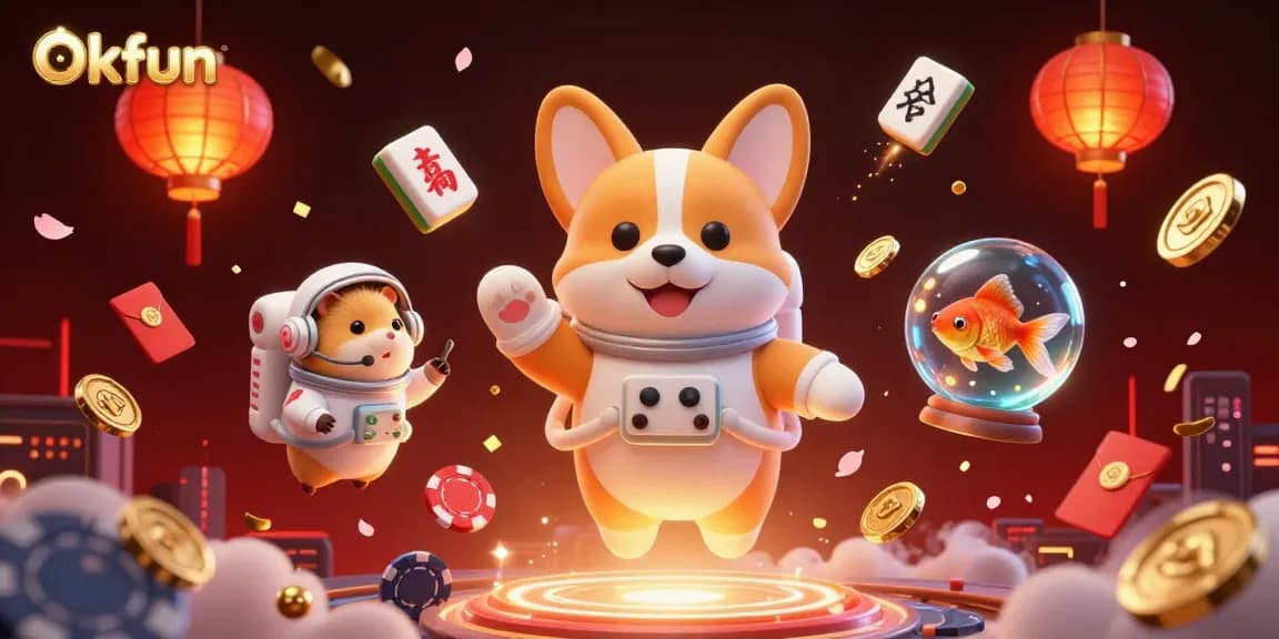 Engage with Okfun in a cosmic casino scene filled with exciting gambling elements like coins, mahjong tiles, and lanterns.