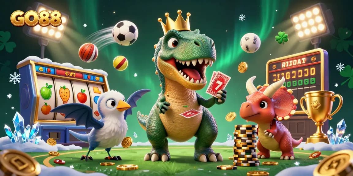 Engage with GO88's immersive casino experience with lively T-Rex and vibrant gaming elements intertwined.
