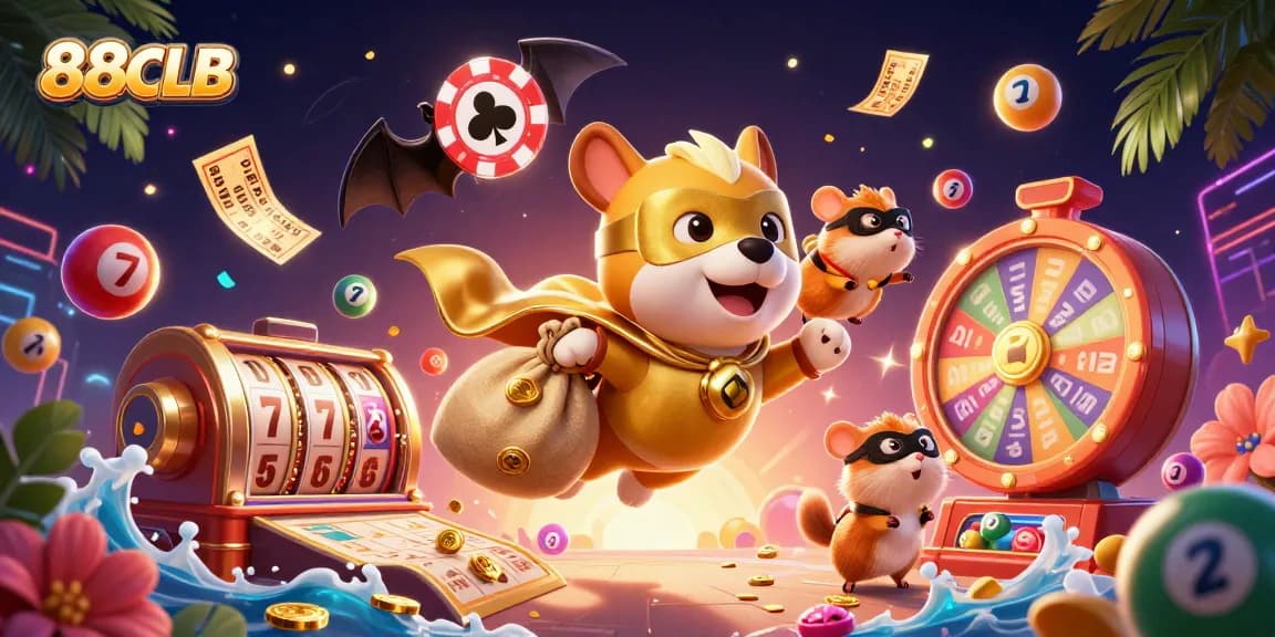 88CLB showcases a vibrant scene with a superhero dog flying, enriching the online gambling experience.