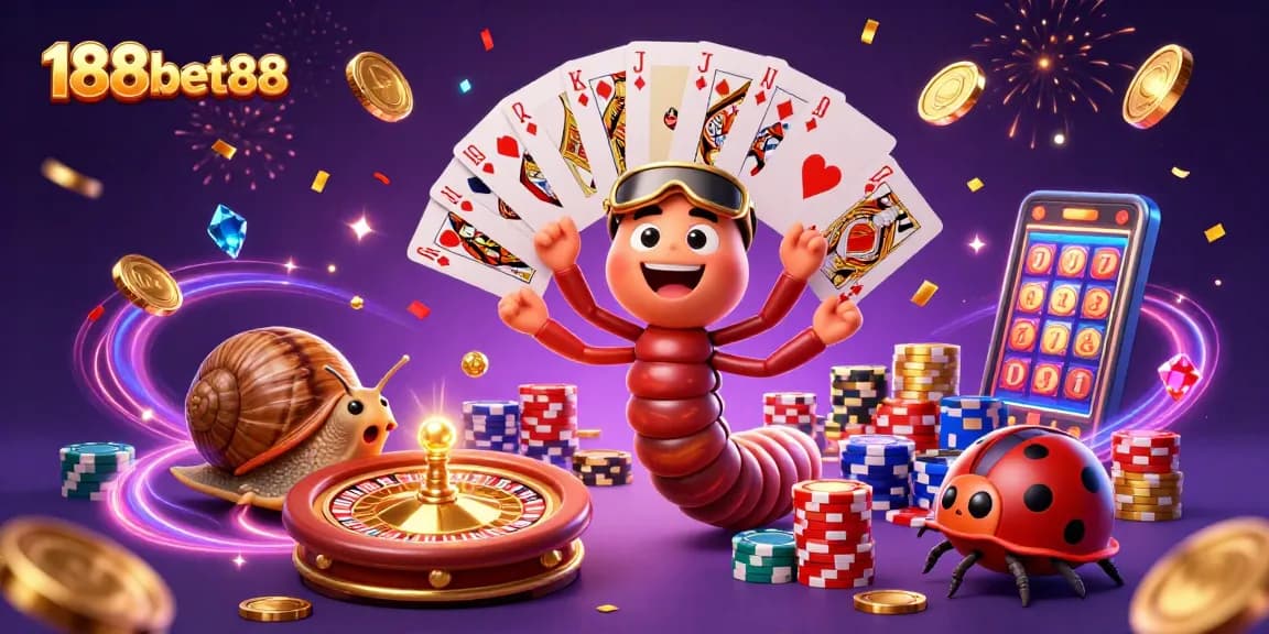Engaging scene at 188bet88 featuring a millipede dealer and high-roller snail in a lively casino atmosphere.