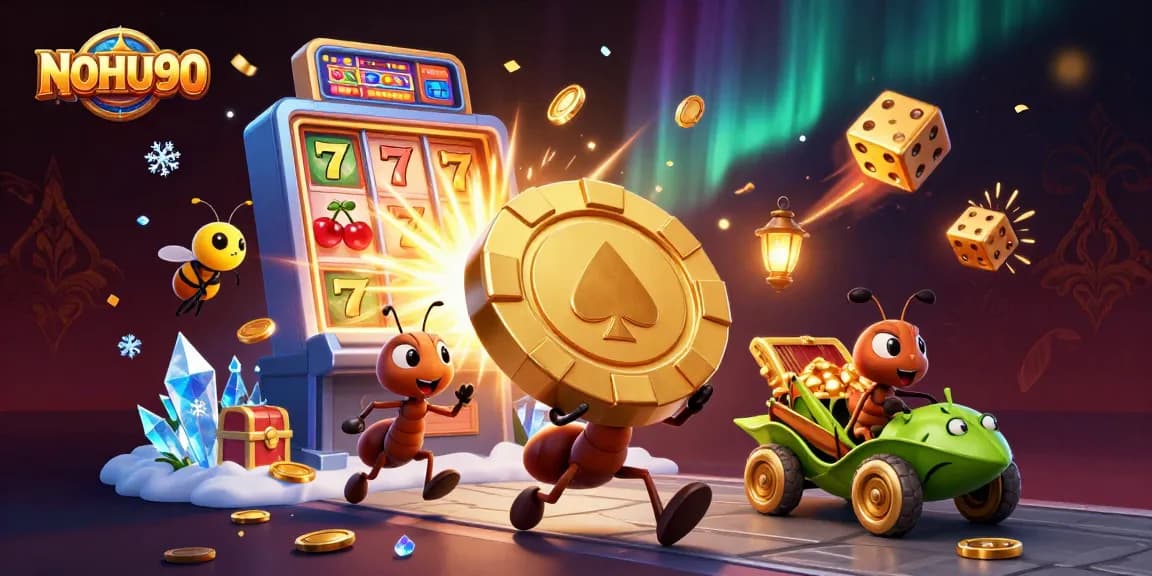 Join the thrilling adventure at NOHU90 with ants heisting a giant poker chip amidst casino excitement.