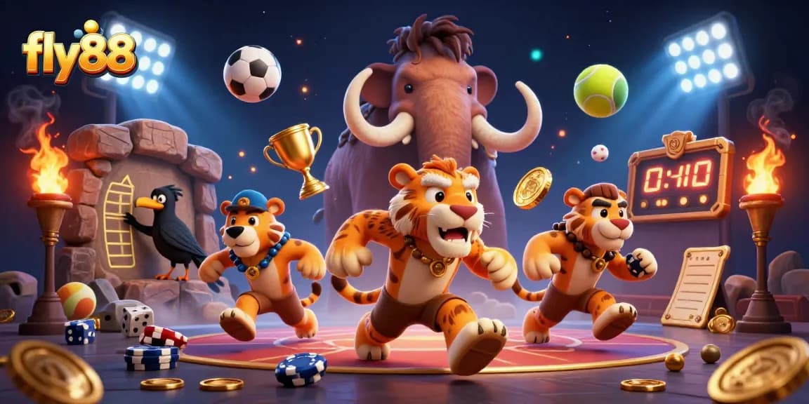 Experience excitement at fly88 with 3D cartoon caveman and sabertooth tiger running a prehistoric casino, showcasing vibrant game elements.