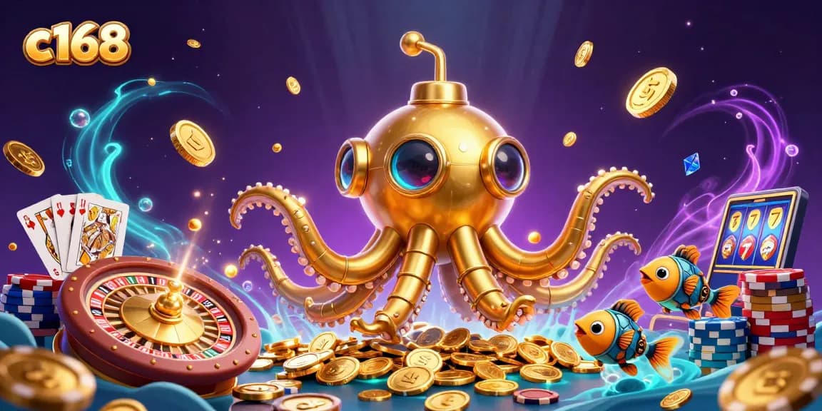 C168 offers thrilling gaming adventures with vibrant golden coins and a playful kraken submarine.