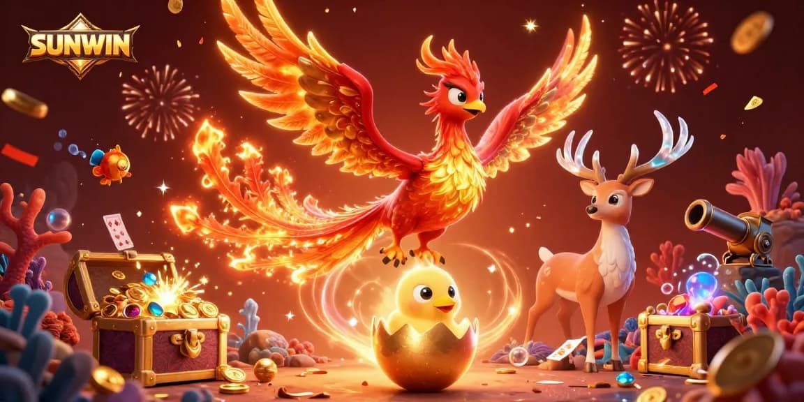 SUNWIN casino illustration features a golden phoenix soaring with treasures and mystical elements, celebrating big wins