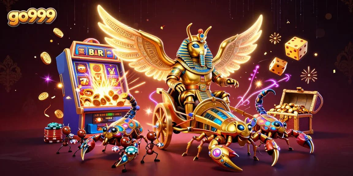 Experience thrilling wins at go999 with a vibrant 3D casino scene featuring a golden scarab and dynamic game elements.