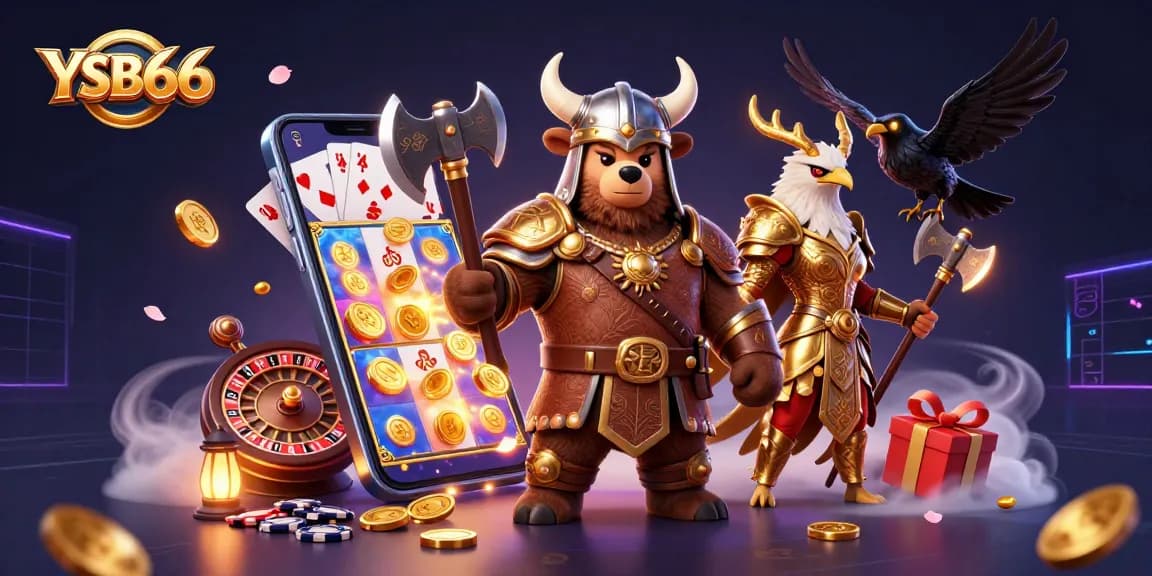 Spin the reels and win big with YSB66, featuring an epic 3D Viking bear and Valkyrie eagle amidst exciting casino elements.