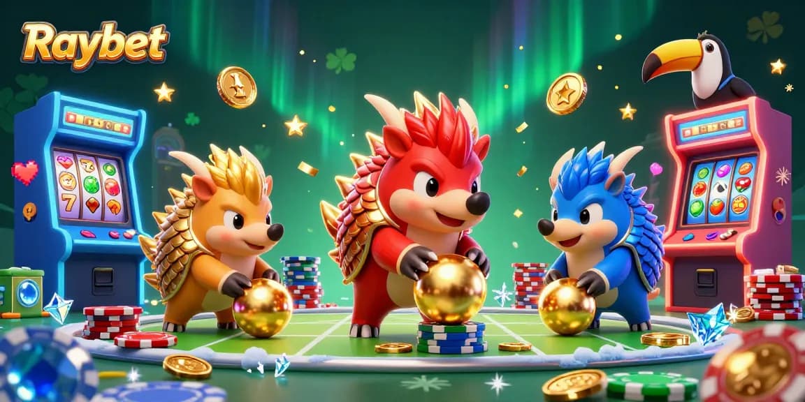 Engage with Raybet jackpots while rival pangolins compete in a vibrant casino scene.