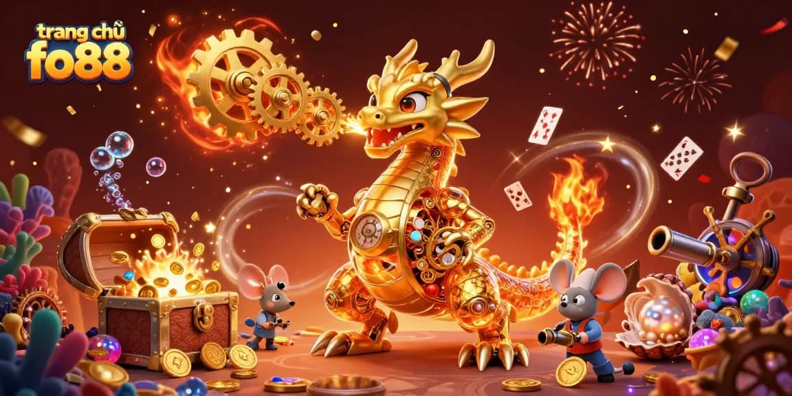 Experience excitement at trang chủ fo88 with golden dragon and treasures in a vibrant casino scene
