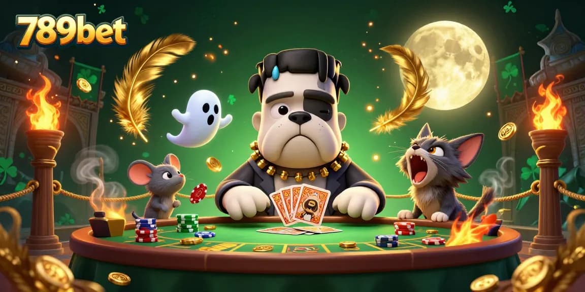Engage with 789bet's thrilling card games featuring a Frankenstein bulldog dealer and ghostly elements.