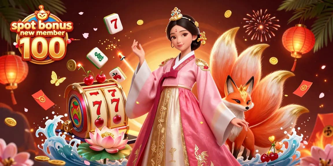 Claim your slot bonus new member 100 with vibrant casino illustration featuring lucky symbols.