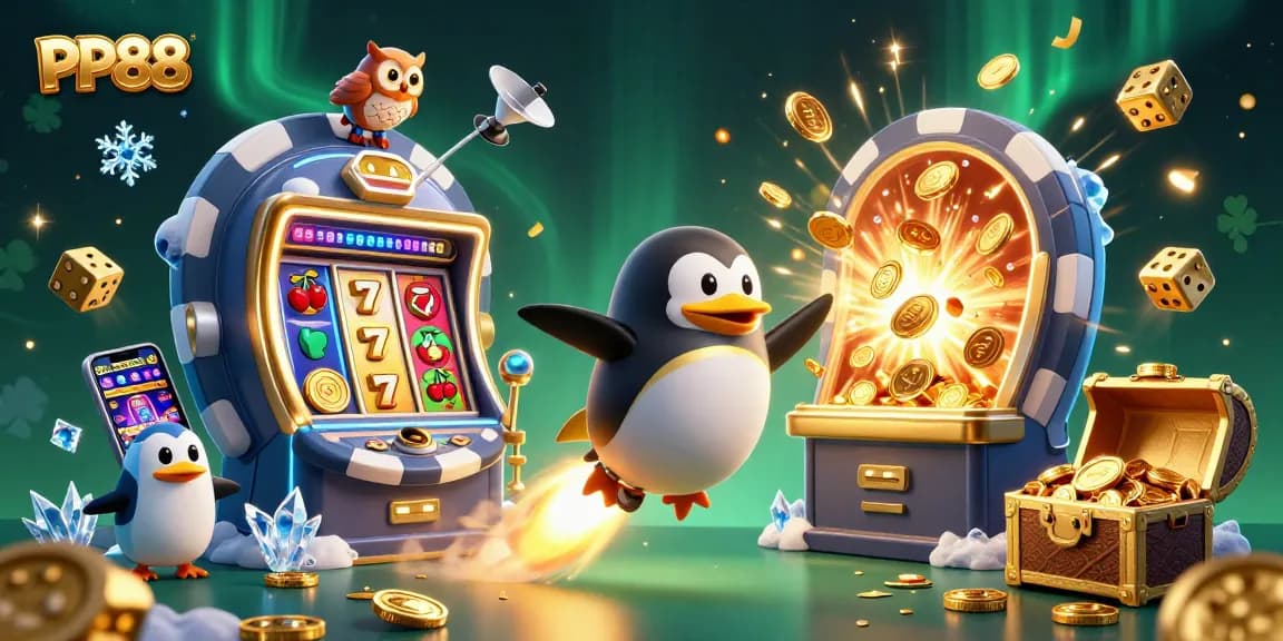 Experience the thrill of PP88 gaming with a dynamic illustration of a golden penguin flying to a casino space station.