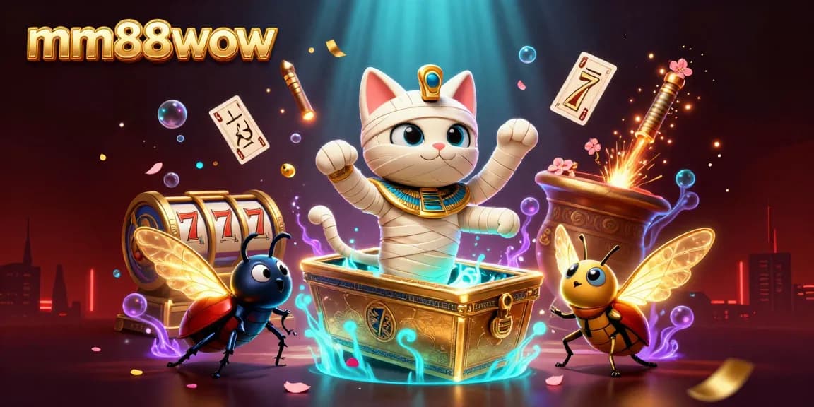 Join the excitement at mm88wow as an Egyptian mummy cat bursts from its sarcophagus, surrounded by glimmering casino elements.