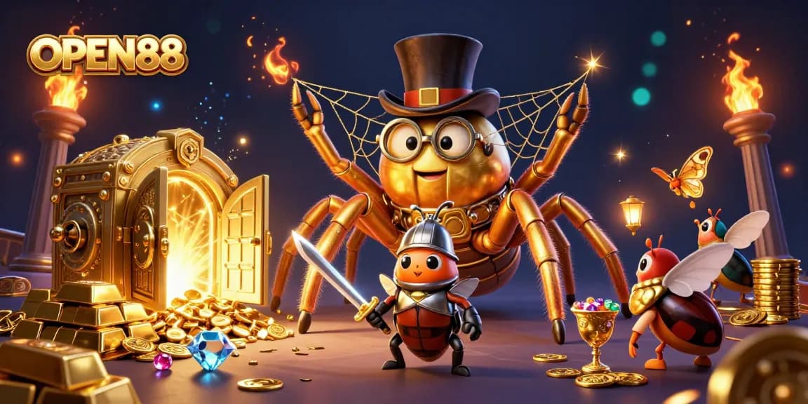 Experience thrilling gameplay at OPEN88 with an enchanting 3D casino scene showcasing excitement and riches.
