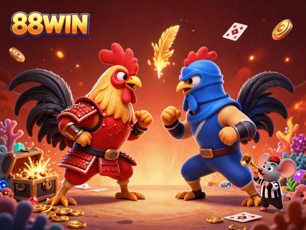 Engage in fierce competition at 88WIN in this vibrant cockfighting showdown illustration.