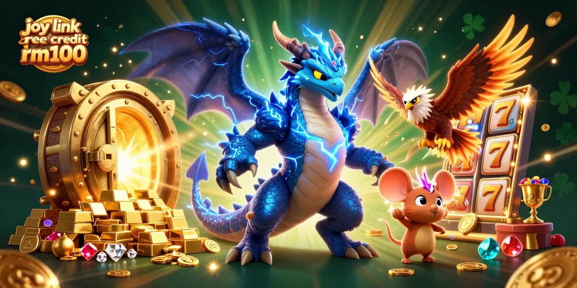 Engage with joy link free credit rm100 featuring vibrant 3D casino elements and dynamic characters.