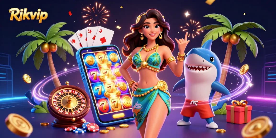 Experience thrilling slot games with Rikvip's vibrant 3D illustration featuring a beach goddess and playful shark.