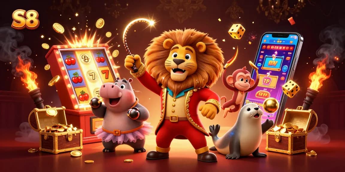 S8 players enjoy high-stakes slots action amidst colorful casino festivities.
