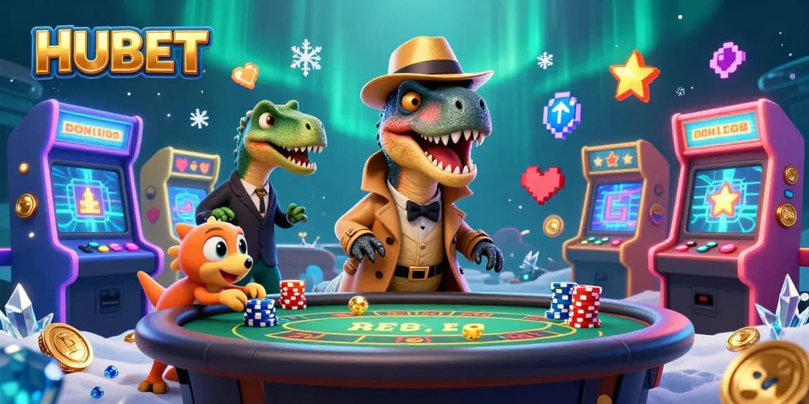 HUBET showcases an intense card game scene with a velociraptor card counter catching eyes at the blackjack table.