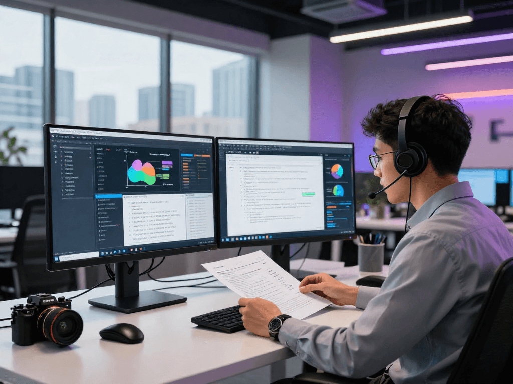 Document fraud detection specialist analyzing digital documents in a modern office environment.