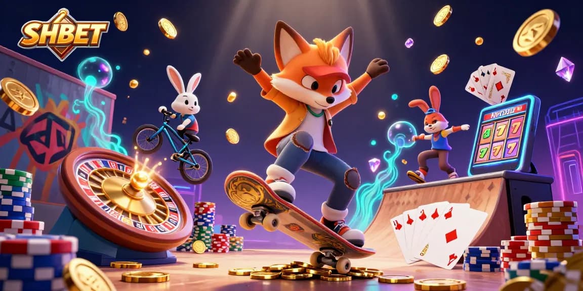 SHBET ignites excitement with a vibrant scene of a skateboarder fox and BMX rabbit amidst swirling casino riches.