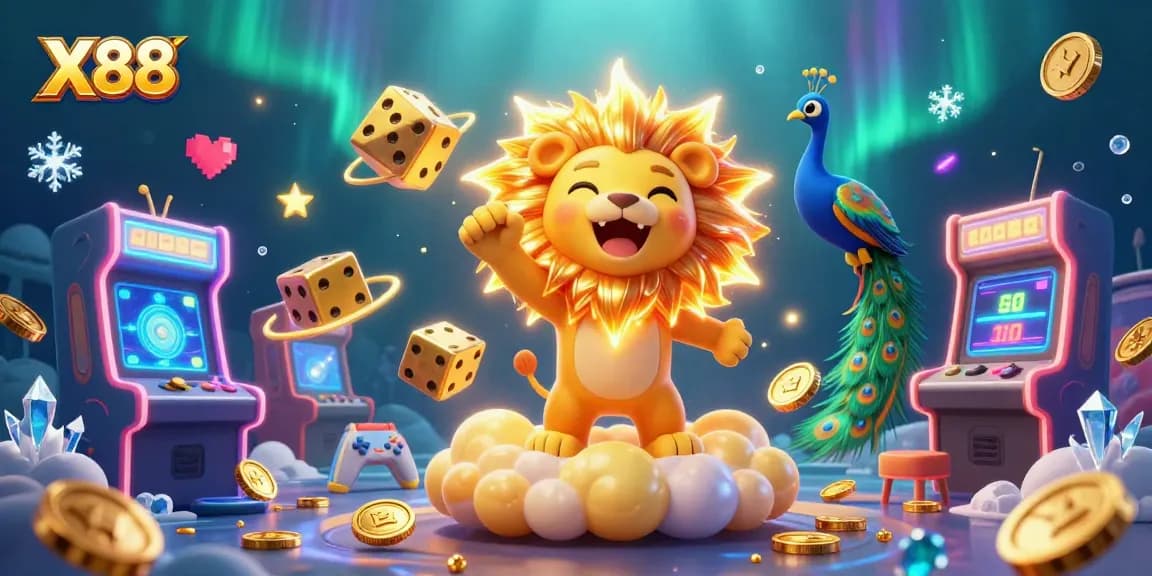 X88 players engage with vibrant 3D game scenes and golden dice in a colorful casino atmosphere.