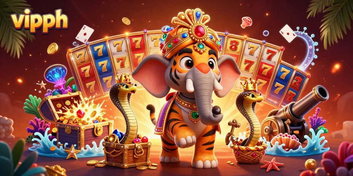 Experience the thrill of vipph with a vibrant 3D casino scene featuring a majestic maharaja tiger and treasure.