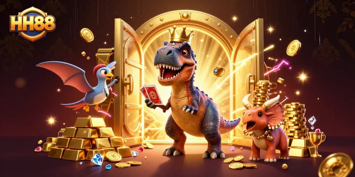 HH88 T-Rex shuffling cards and stacking chips with gold treasures around them