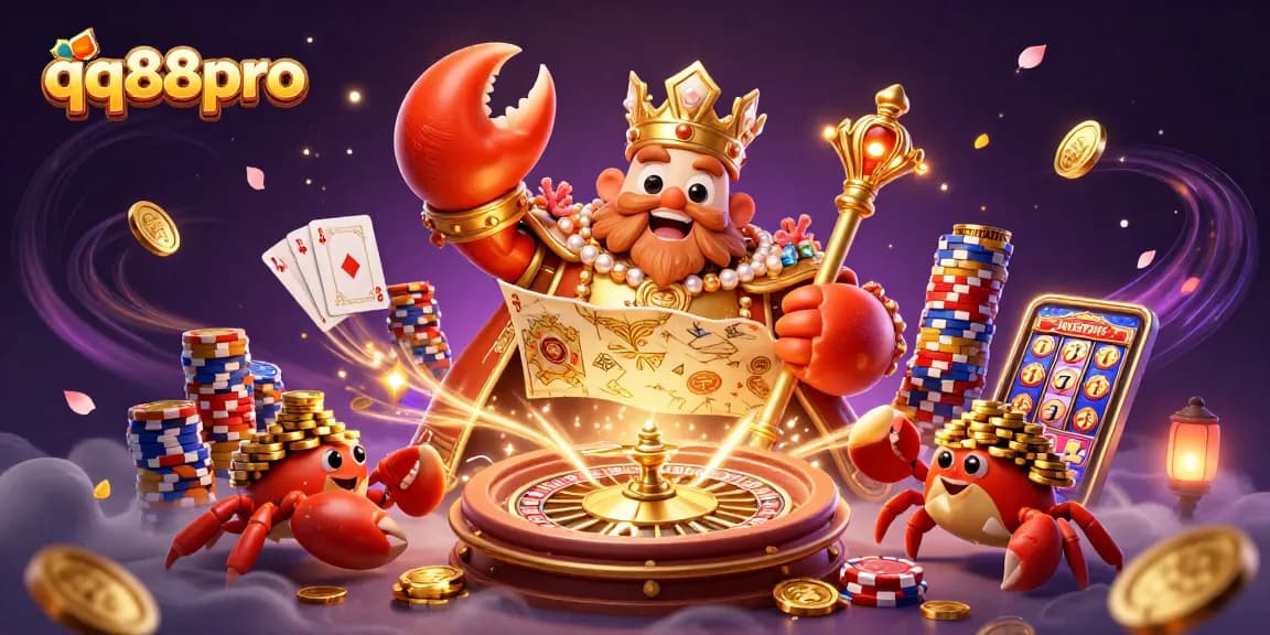 Experience thrilling gameplay with qq88pro as the golden crab emperor guides you through a vibrant casino world.