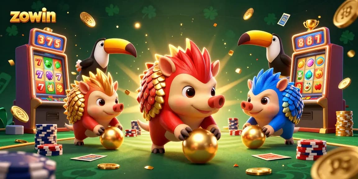 Zowin casino battle between rival pangolins with slot machines and dynamic game elements.