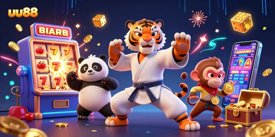 Experience the thrill of uu88 with a tiger master and panda disciple in a vibrant casino scene.