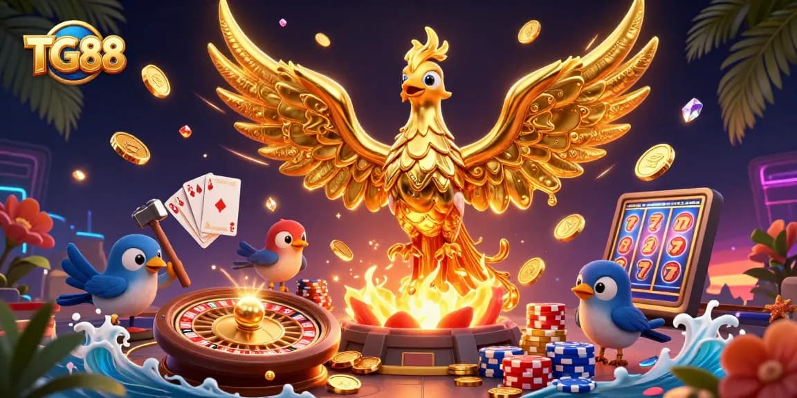Bet on TG88 with a vibrant scene of a golden phoenix, coins, and casino elements.