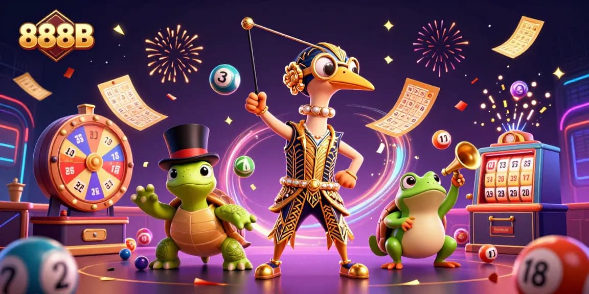 Experience the excitement of 888B with vibrant lottery elements and dynamic characters in a 3D casino illustration.