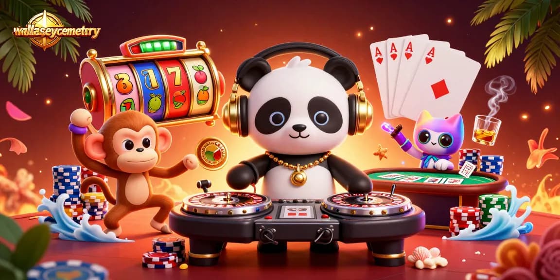 Experience vibrant casino energy at wallaseycemetery with DJ panda, monkey, and kitten.