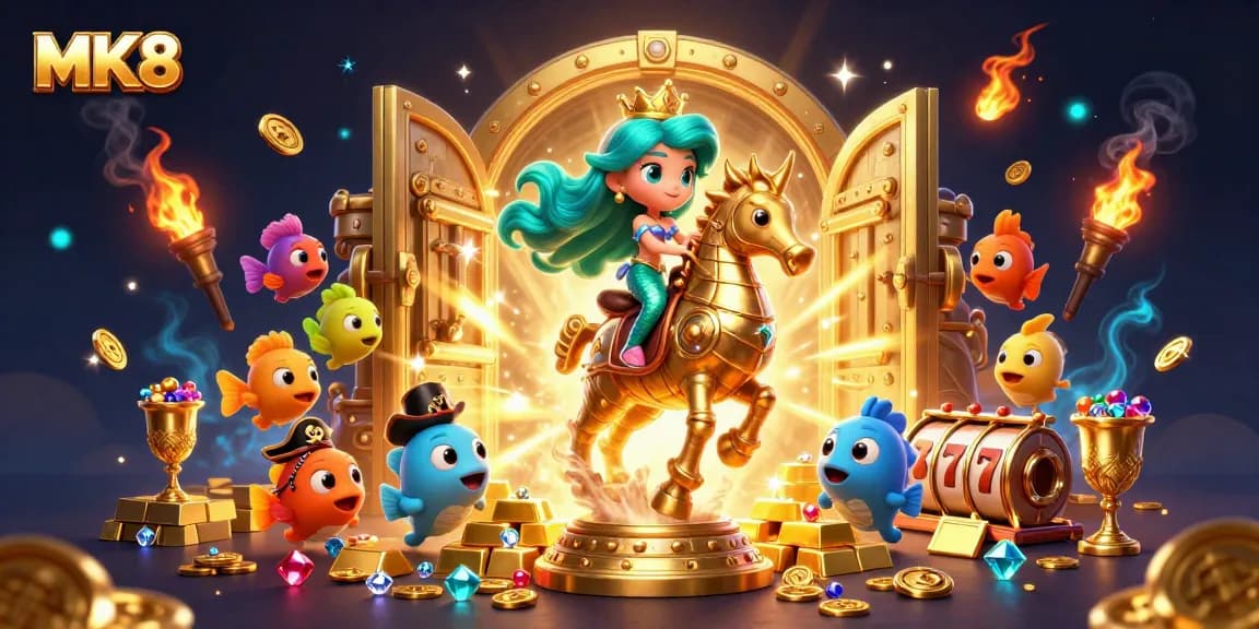 MK8 offers a vibrant casino experience with a mermaid princess, golden treasures, and dynamic slot elements.