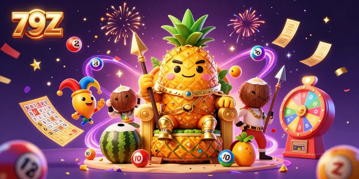 Engage with the vibrant world of 79Z at the beach casino, led by a golden pineapple king surrounded by exciting game elements.