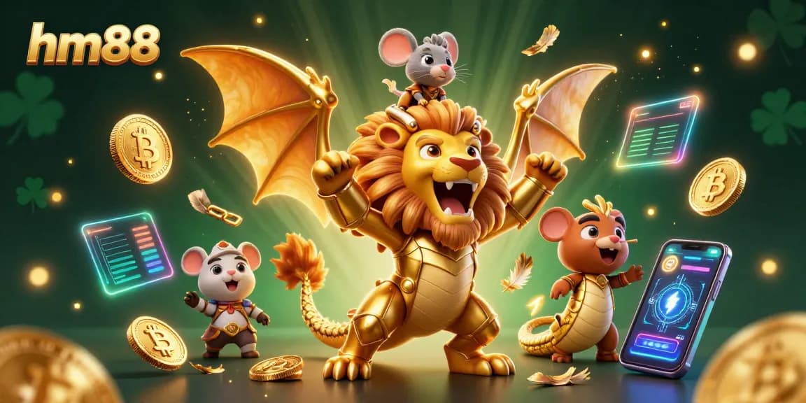 Experience the thrilling world of hm88 with a triumphant chimera in golden armor, vibrant 3D crypto elements.