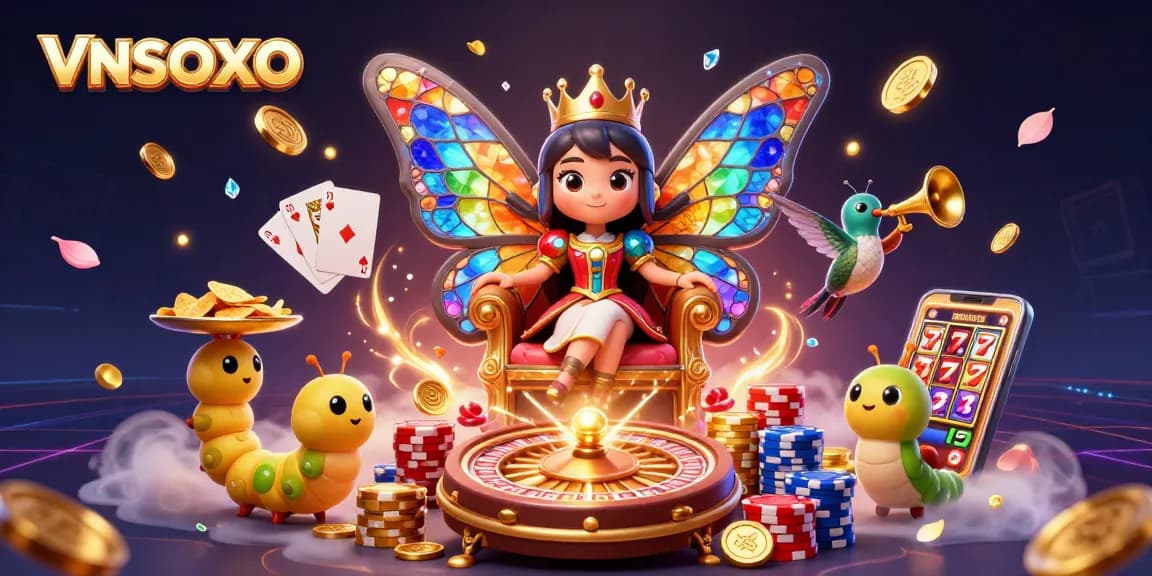 Experience VNSOXO's captivating casino scene with a butterfly queen and stunning game elements.