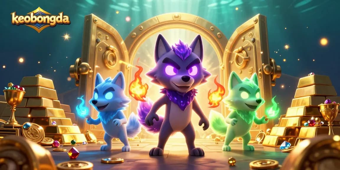 Bet on winning with keobongda's dynamic 3D illustration showcasing ghostly wolves amidst treasures.