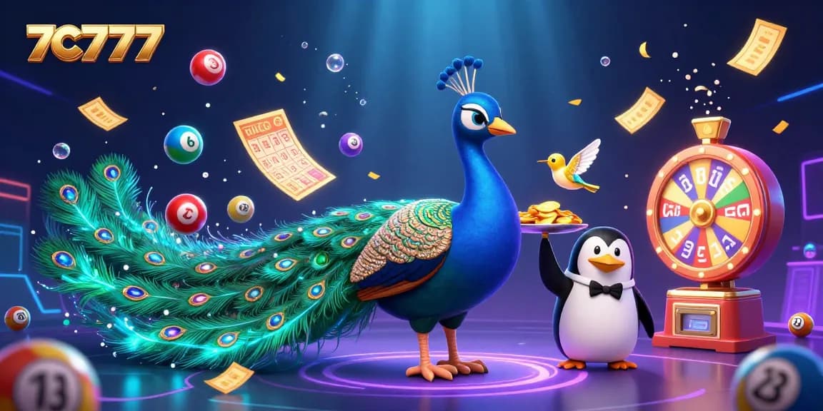 Experience the excitement of 7C777 with a vibrant casino-themed illustration showcasing colorful lottery elements.