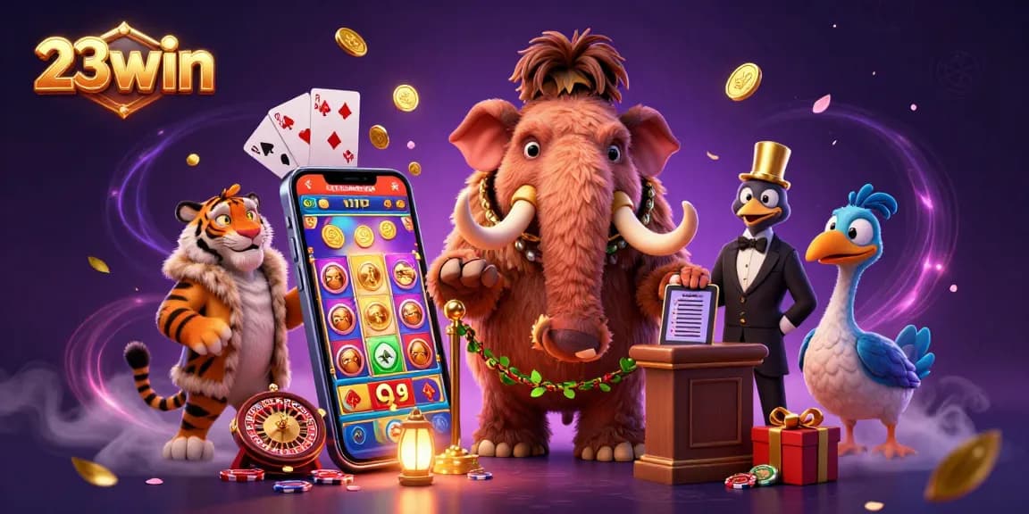 Engage with the thrilling world of 23win, showcasing a vibrant casino scene with unique characters and game elements.