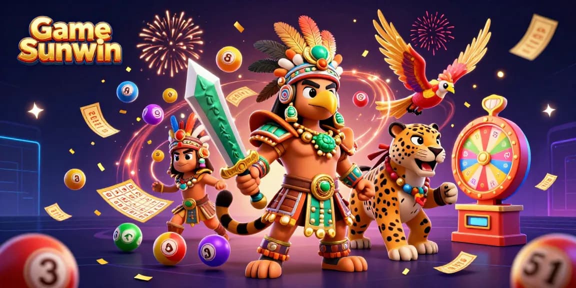 Experience the excitement of Game Sunwin with vibrant lottery elements and dynamic characters in an engaging digital illustration.