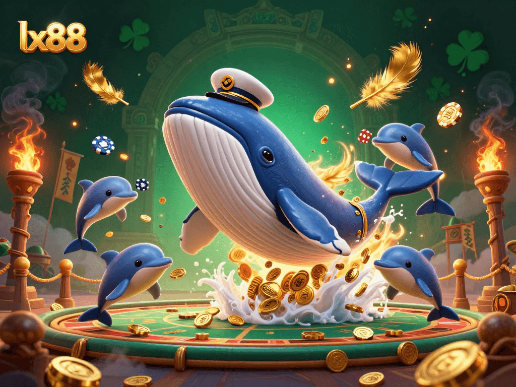 Experience thrilling moments at lx88 with a cartoon whale and playful dolphins in a vibrant casino scene.