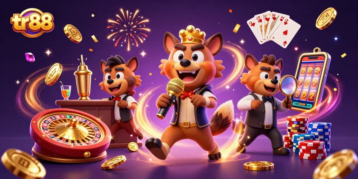 Engage in thrilling gameplay at tr88 with a lively casino scene featuring hyenas, golden coins, and vibrant games.