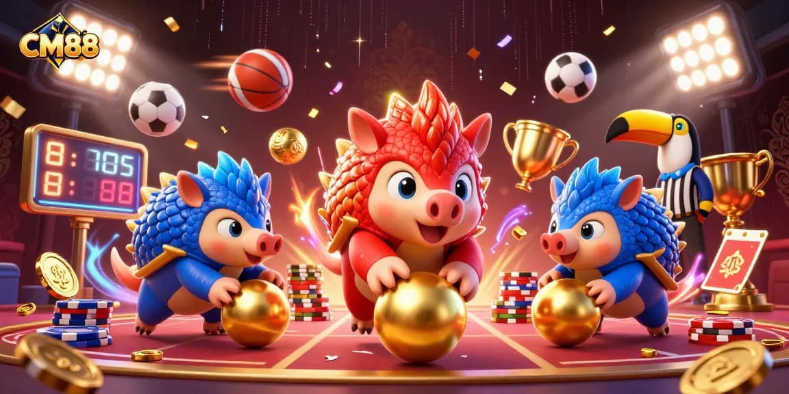 CM88 features rival pangolins in a vibrant casino scene, rolling golden balls amid dynamic gaming elements.