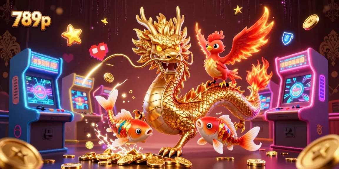 Engage with 789p's thrilling casino experience featuring a golden dragon, phoenix, and koi amidst gaming excitement.