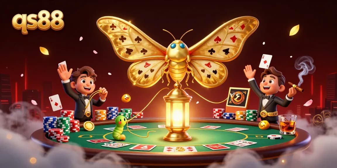 Engage in thrilling poker at qs88 with the captivating atlas moth and stunning casino scene.